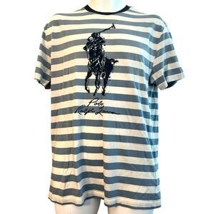 POLO Ralph Lauren Mens Small Big Pony T Shirt Blue Stripe Logo New FLAW
